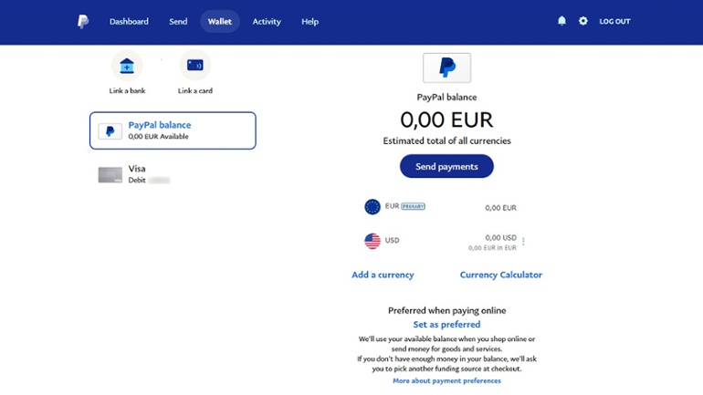 PayPal account balance overview